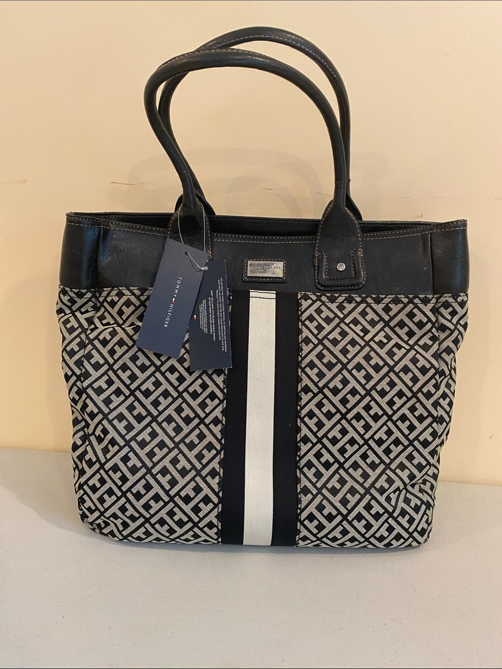 Tommy Hilfiger Black & Cream Monogram Stripe Tote